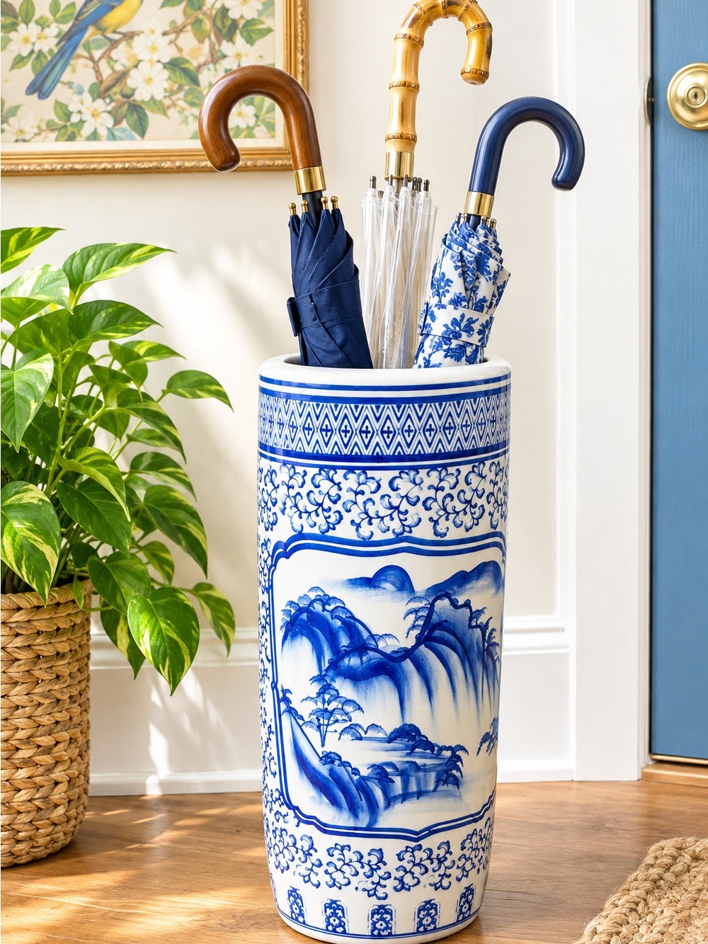 Blue and White Ceramic Umbrella Stand with Scenic Landscape Motif